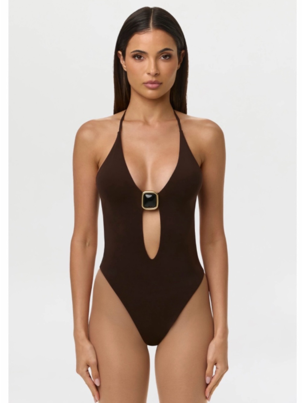 naked wardrobe Chocolate Brown Deep V Cutout Bodysuit with Buckle